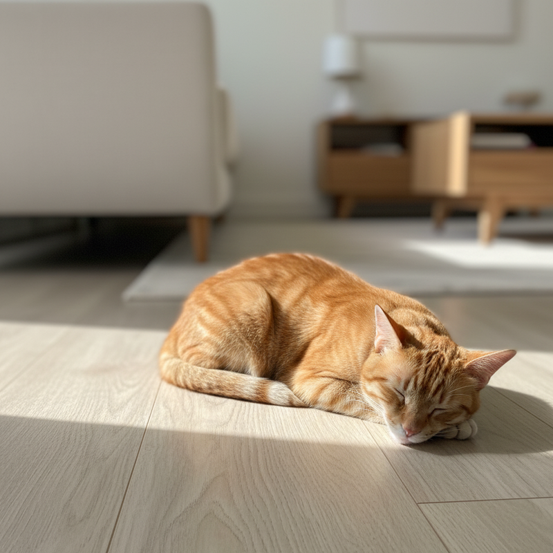 Cat sleeping on a light LVP floor