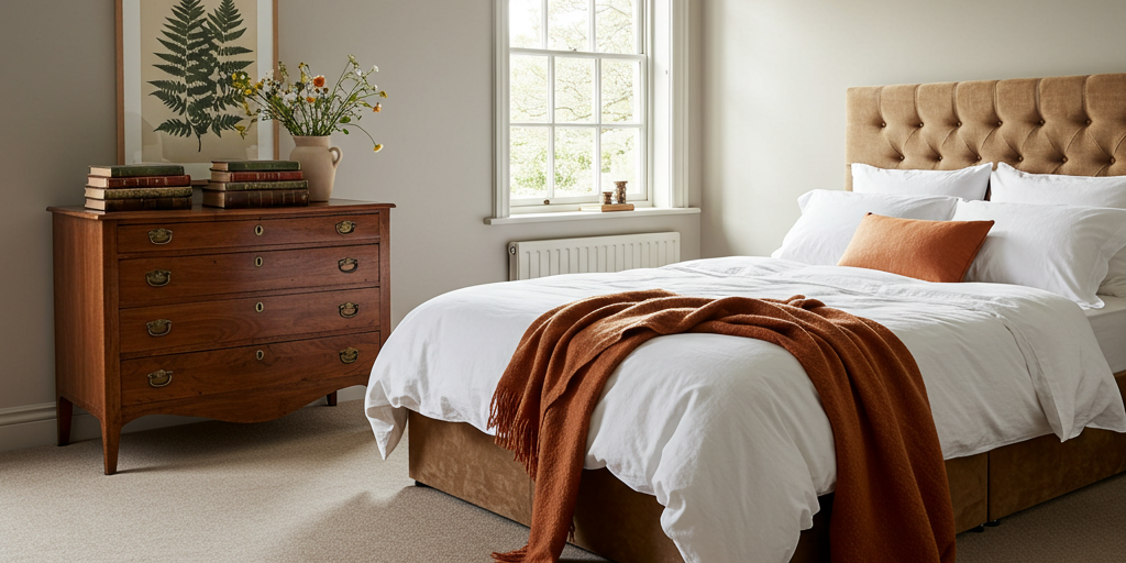 Cozy bedroom with beige carpet flooring and earth toned decor in Spring Valley, NV