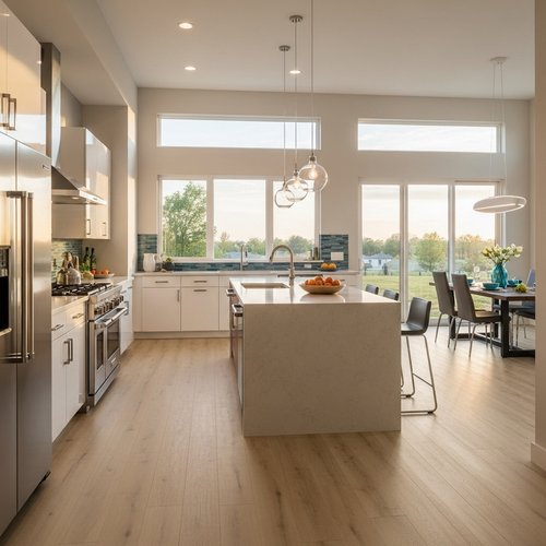 Modern kitchen with durable lvp flooring by Carpets Galore in Las Vegas NV