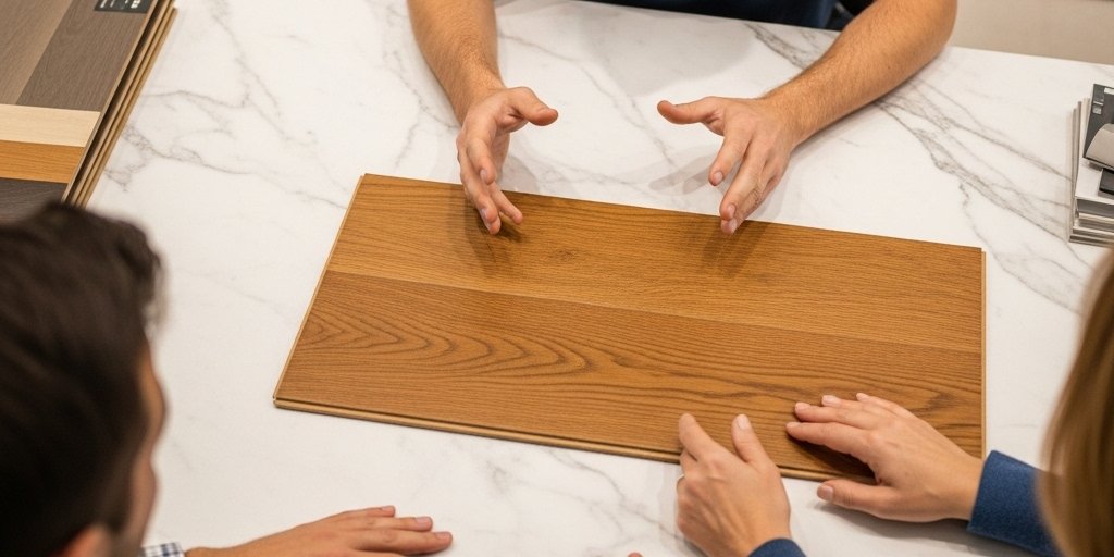 Flooring expert explaining hardwood to a couple in the flooring showroom
