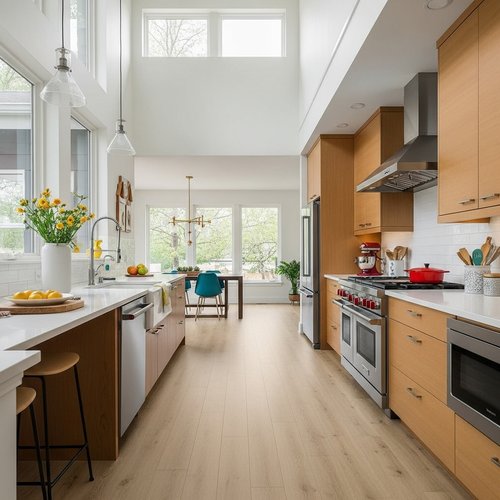 Bright and spacious kitchen with vaulted ceilings and waterproof luxury vinyl flooring in Las Vegas