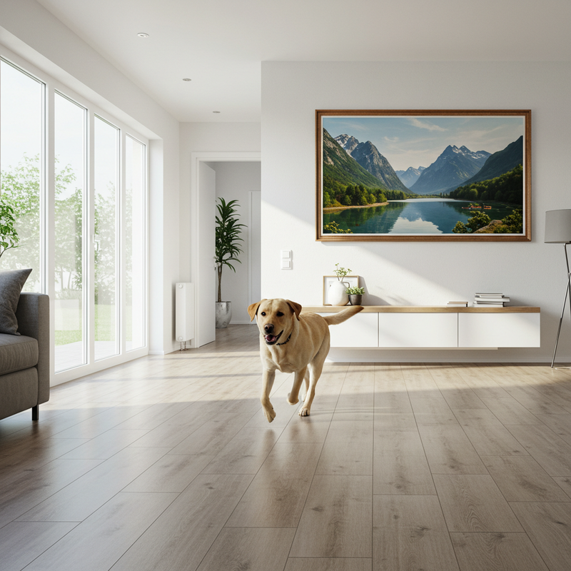 Dog running on LVT Pet Friendly flooring in a bright and modern Las Vegas home
